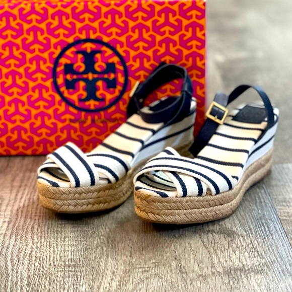 Tory Burch Shoes - Tory Burch Navy and White Striped Espadrille Wedge Sandals